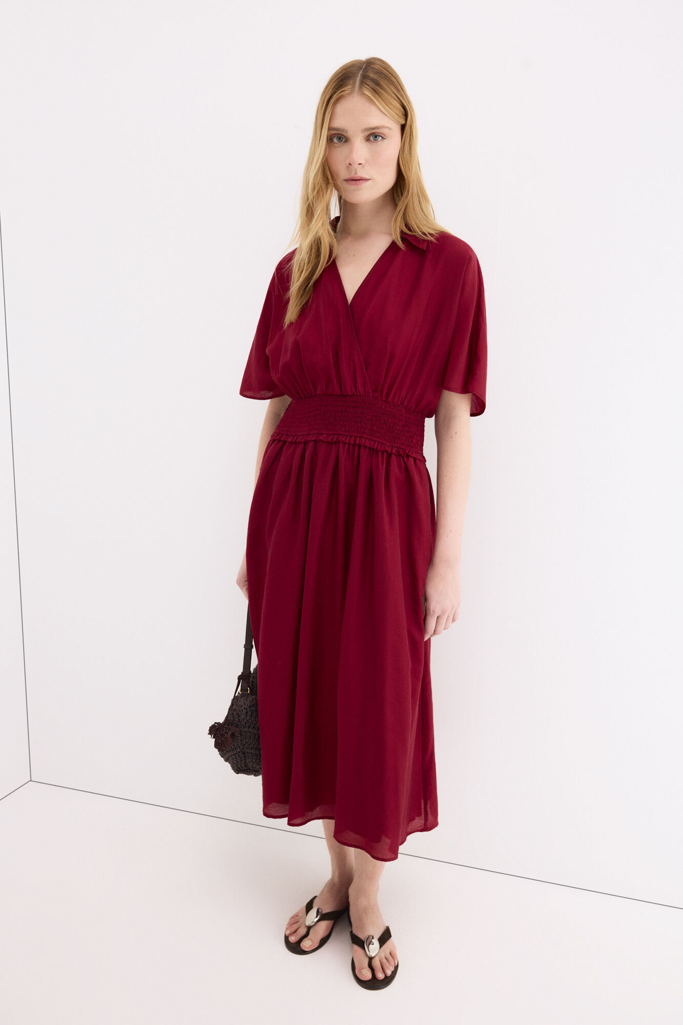Pedro del Hierro Vestido midi con frunces en la cintura Burdeos