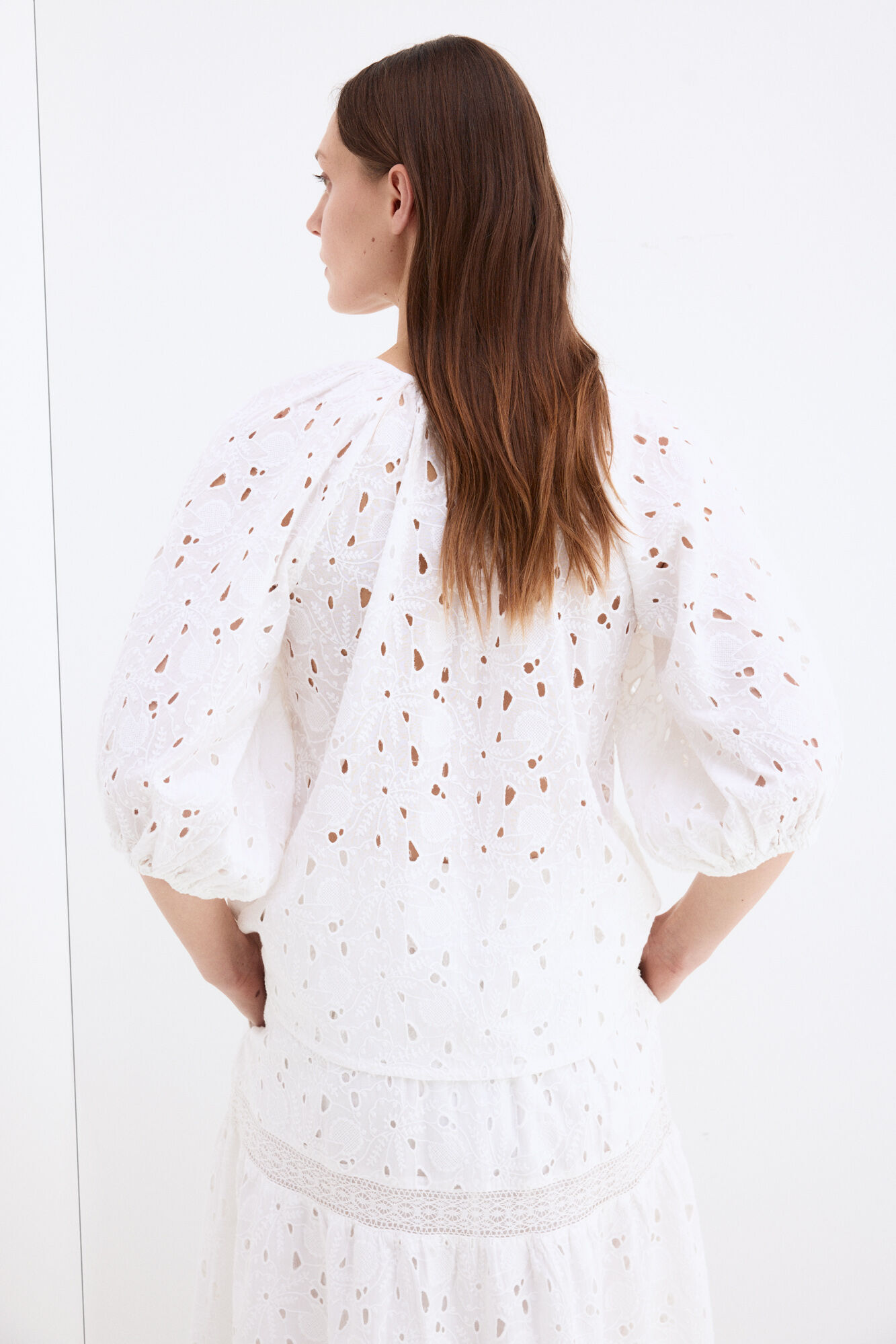 Pedro del Hierro Top manga al codo calado Blanco