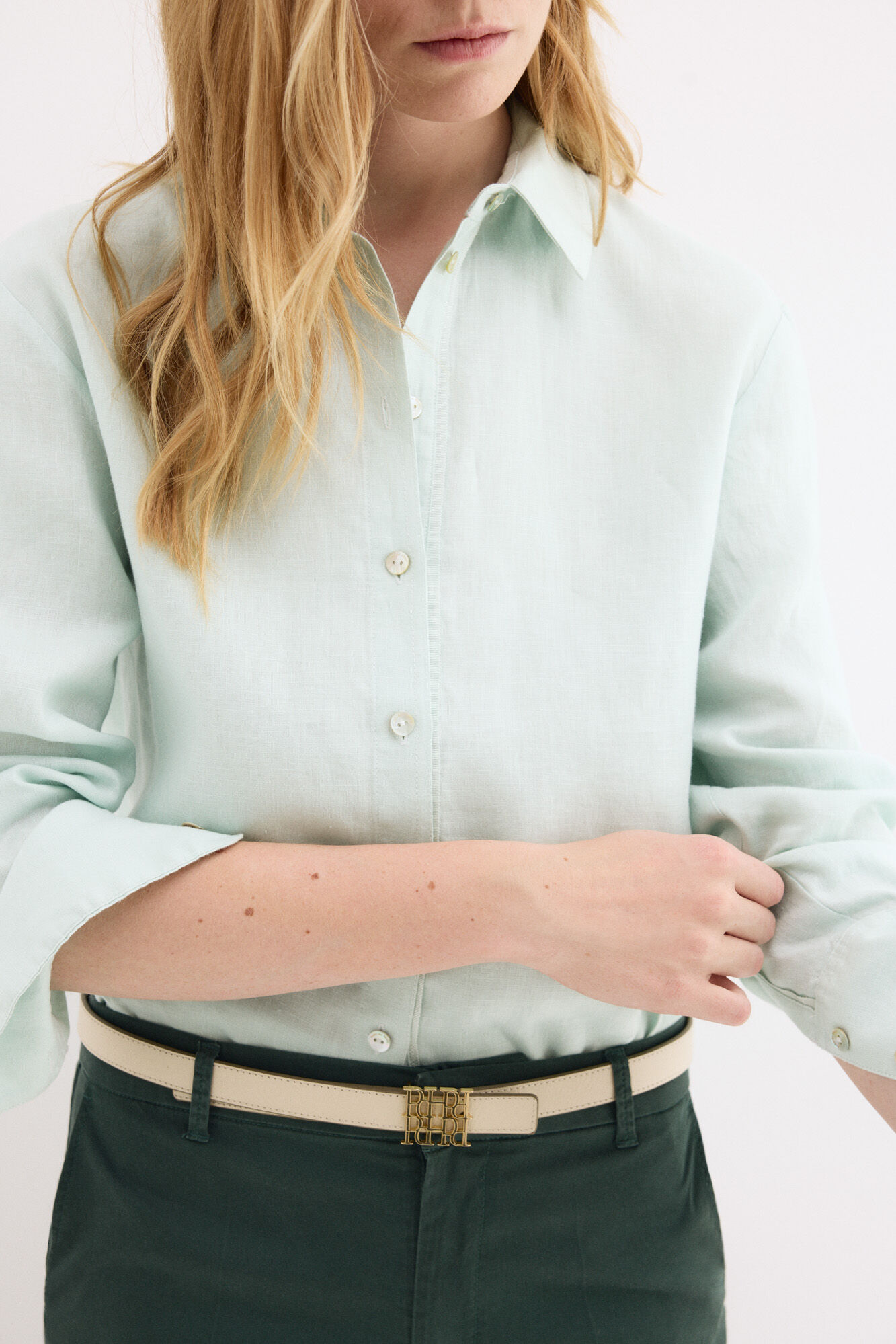 Pedro del Hierro Camisa de lino de manga larga Turquesa