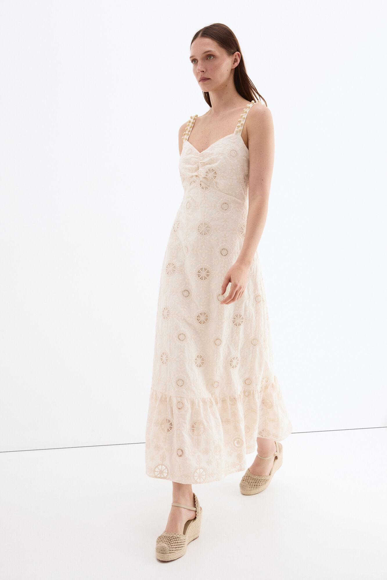 Pedro del Hierro Vestido largo algod&oacute;n con bordados Crudo