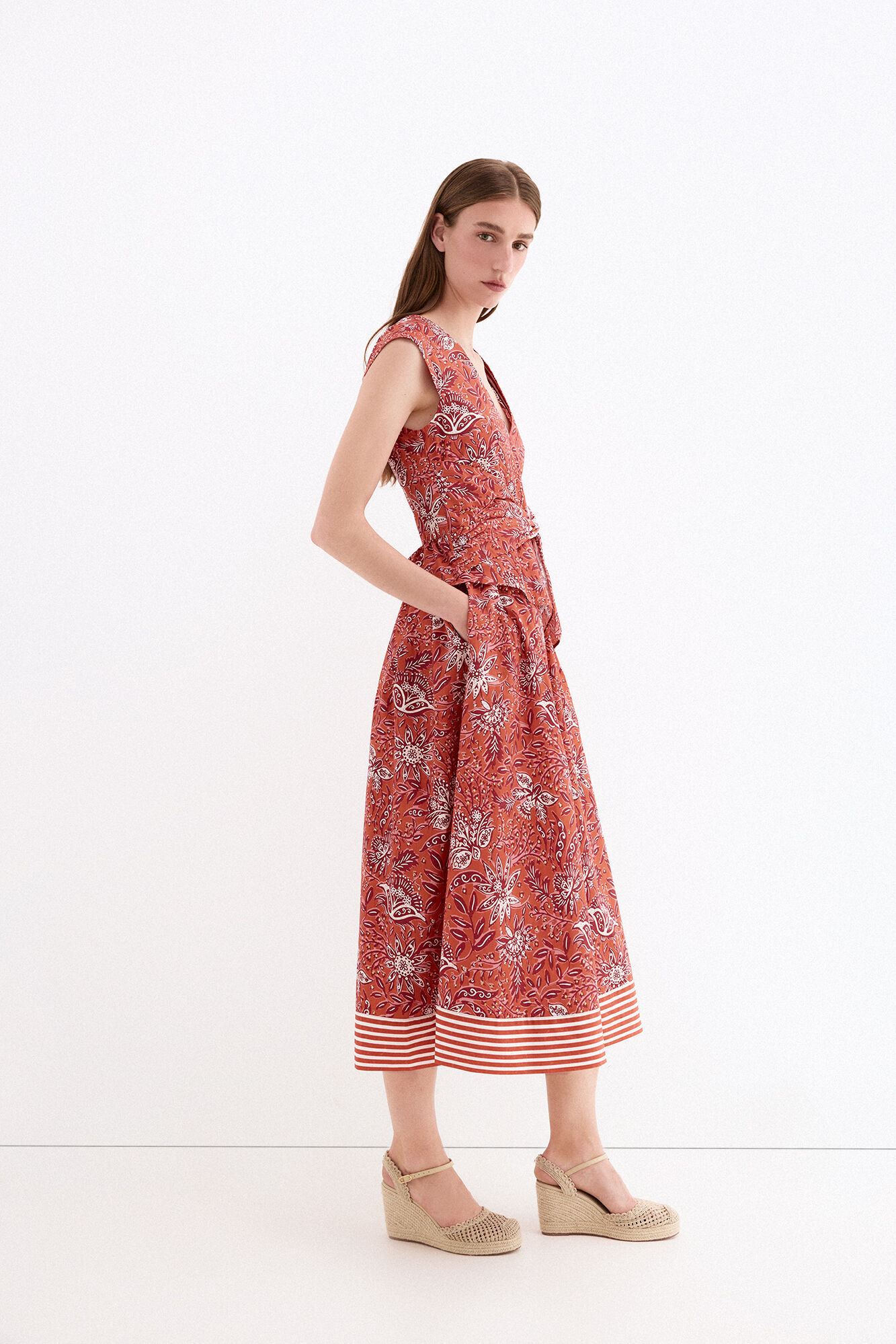 Pedro del Hierro Vestido estampado con lazo en la cintura Beige