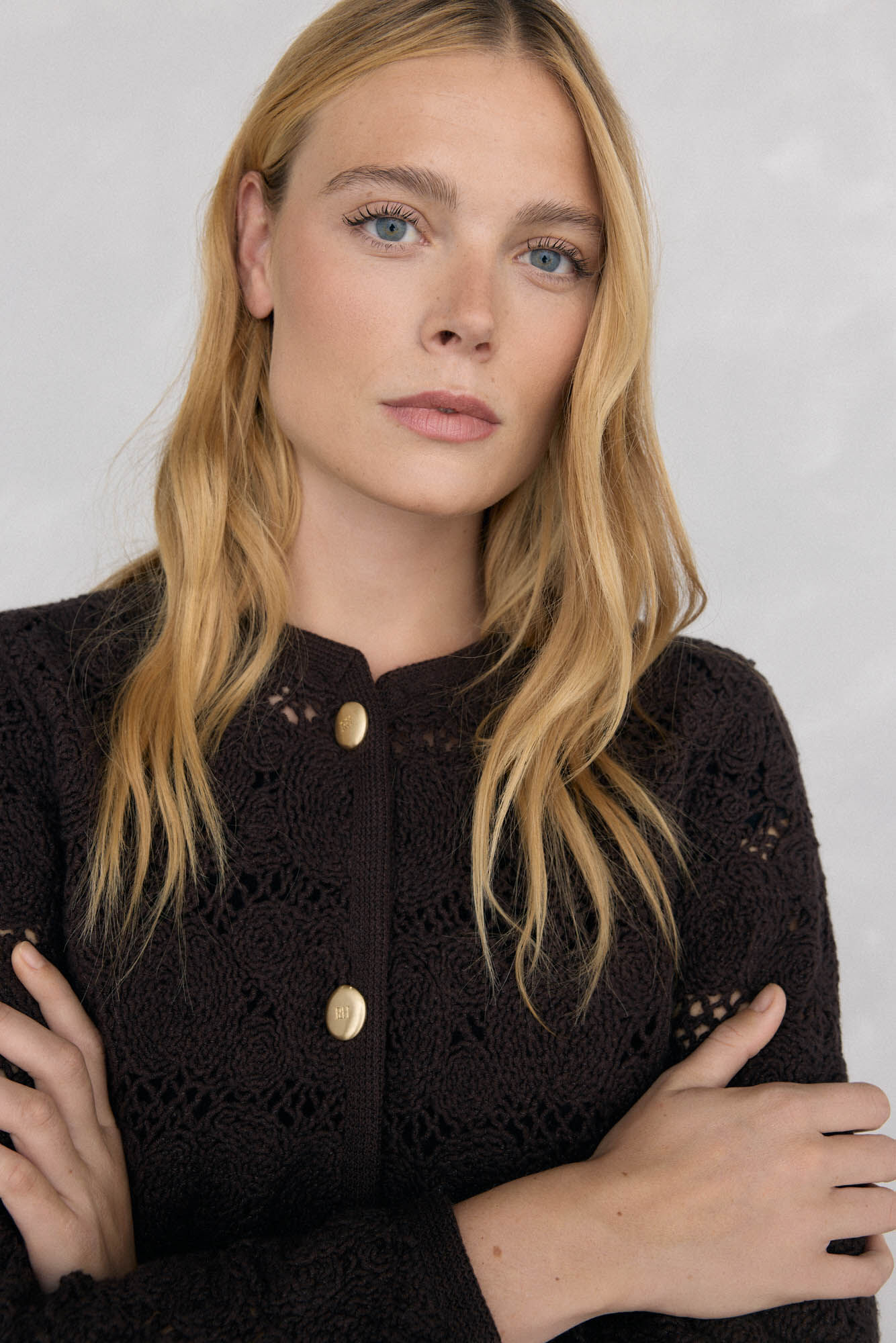 Pedro del Hierro C&aacute;rdigan crochet Marr&oacute;n