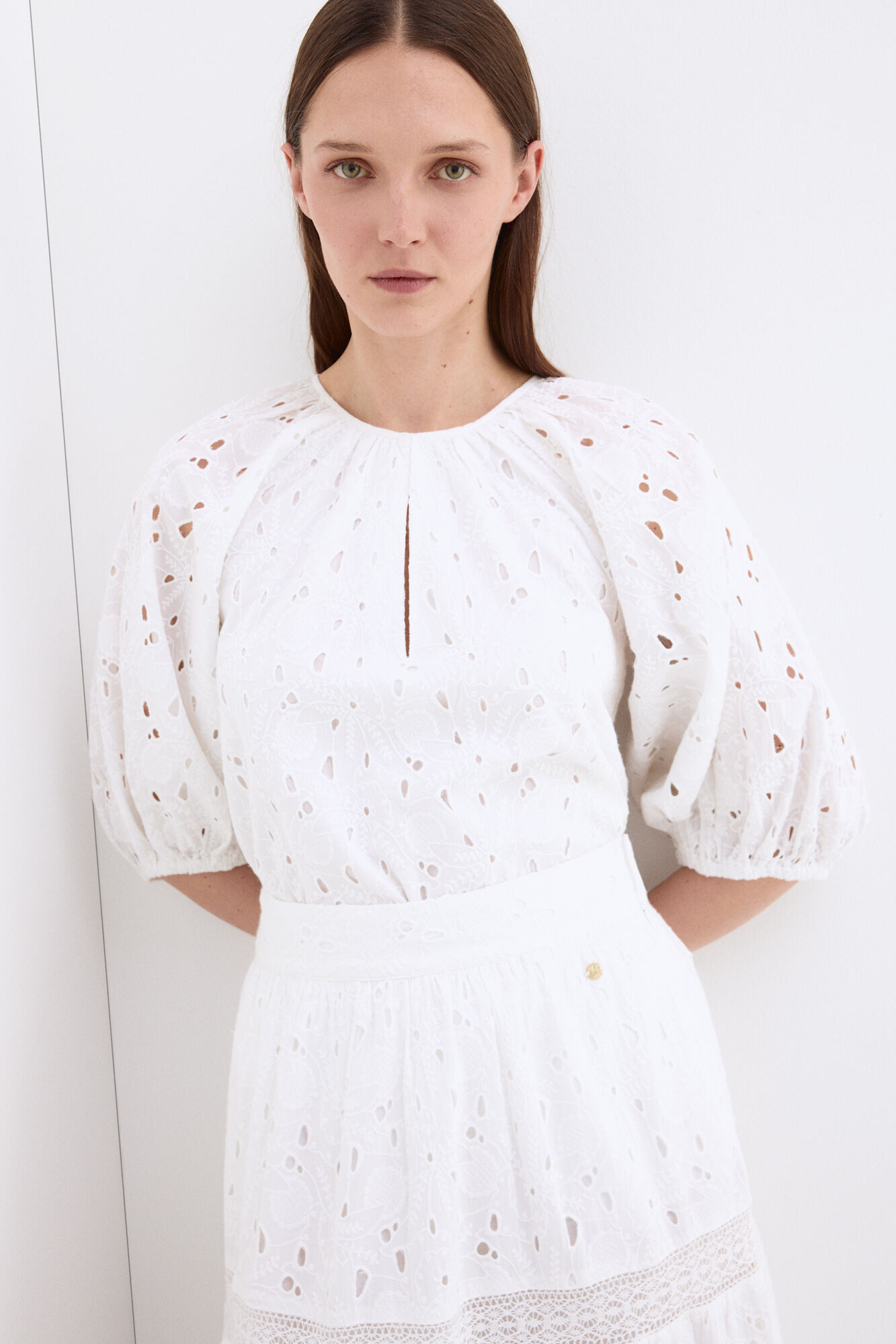 Pedro del Hierro Top manga al codo calado Blanco