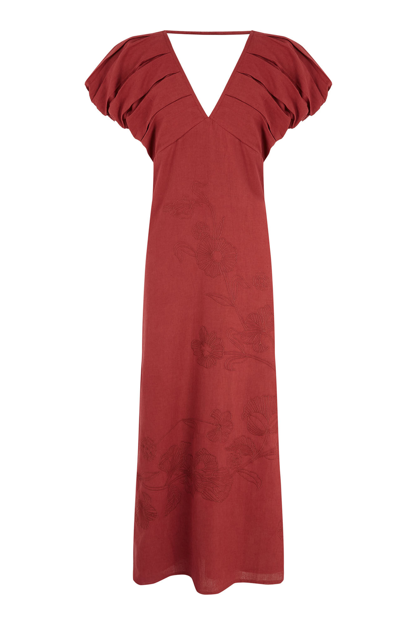Pedro del Hierro Vestido largo midi con flores bordadas Marr&oacute;n