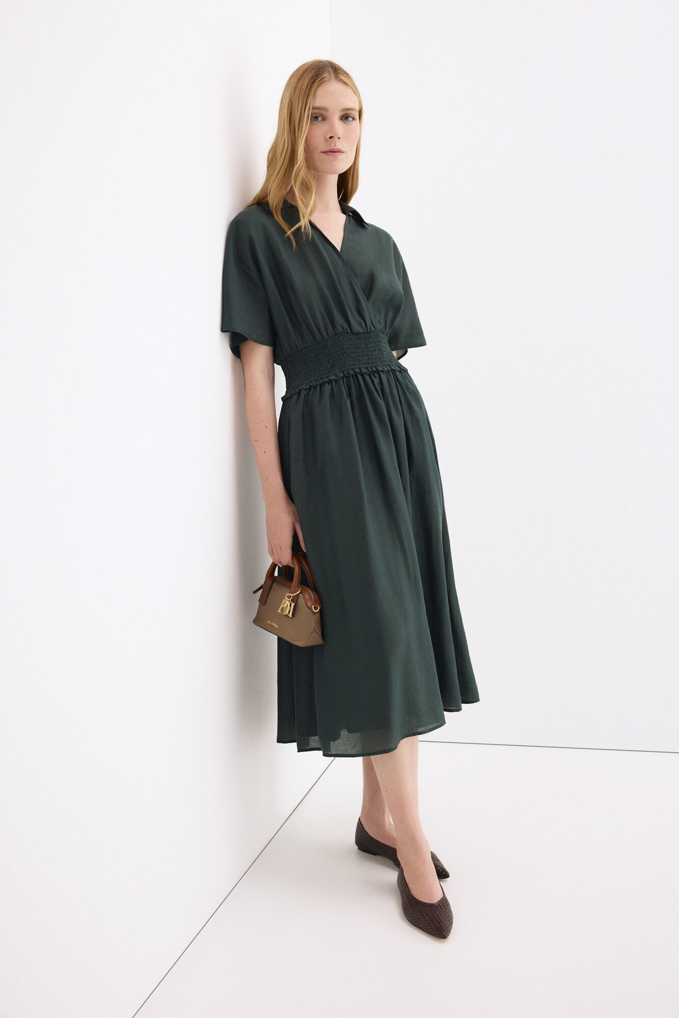 Pedro del Hierro Vestido midi con frunces en la cintura Verde
