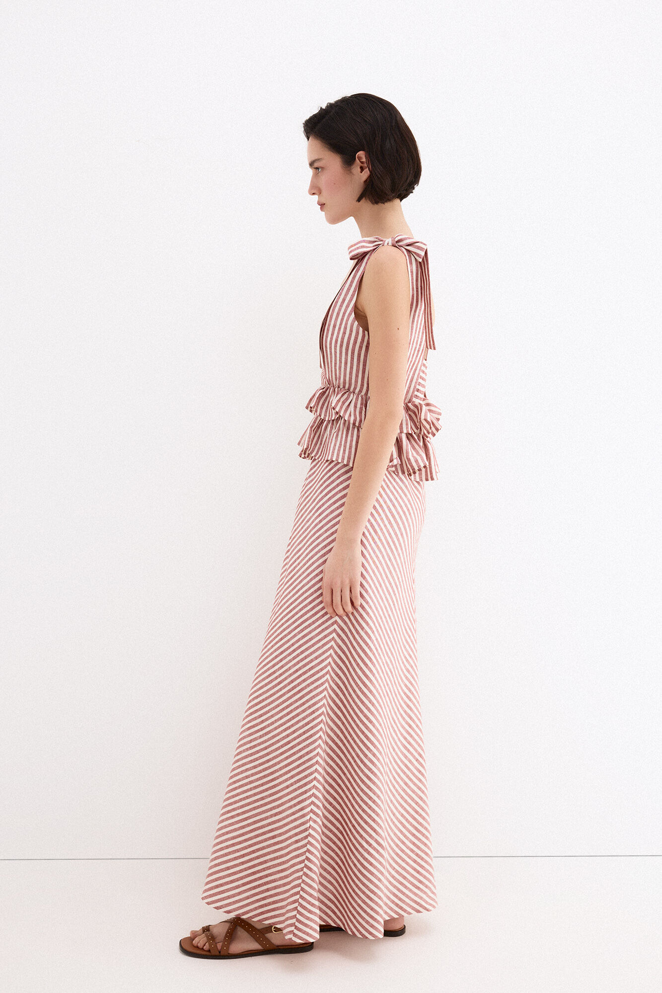 Pedro del Hierro Vestido largo de lino con detalle de lazos Naranja