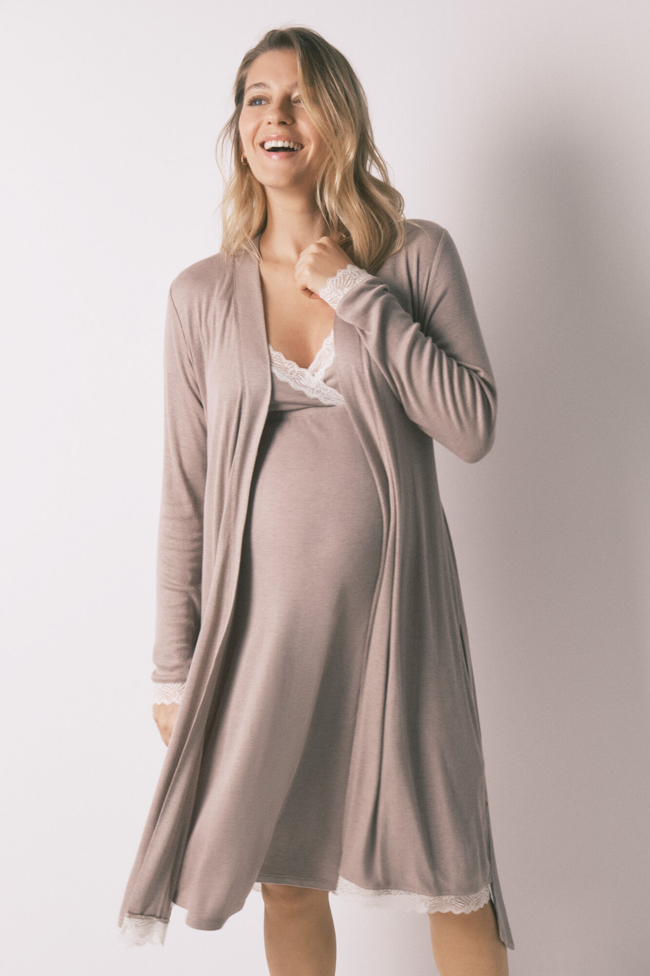 Women'secret Bata "maternity" con cintur&oacute;n gris caf&eacute;