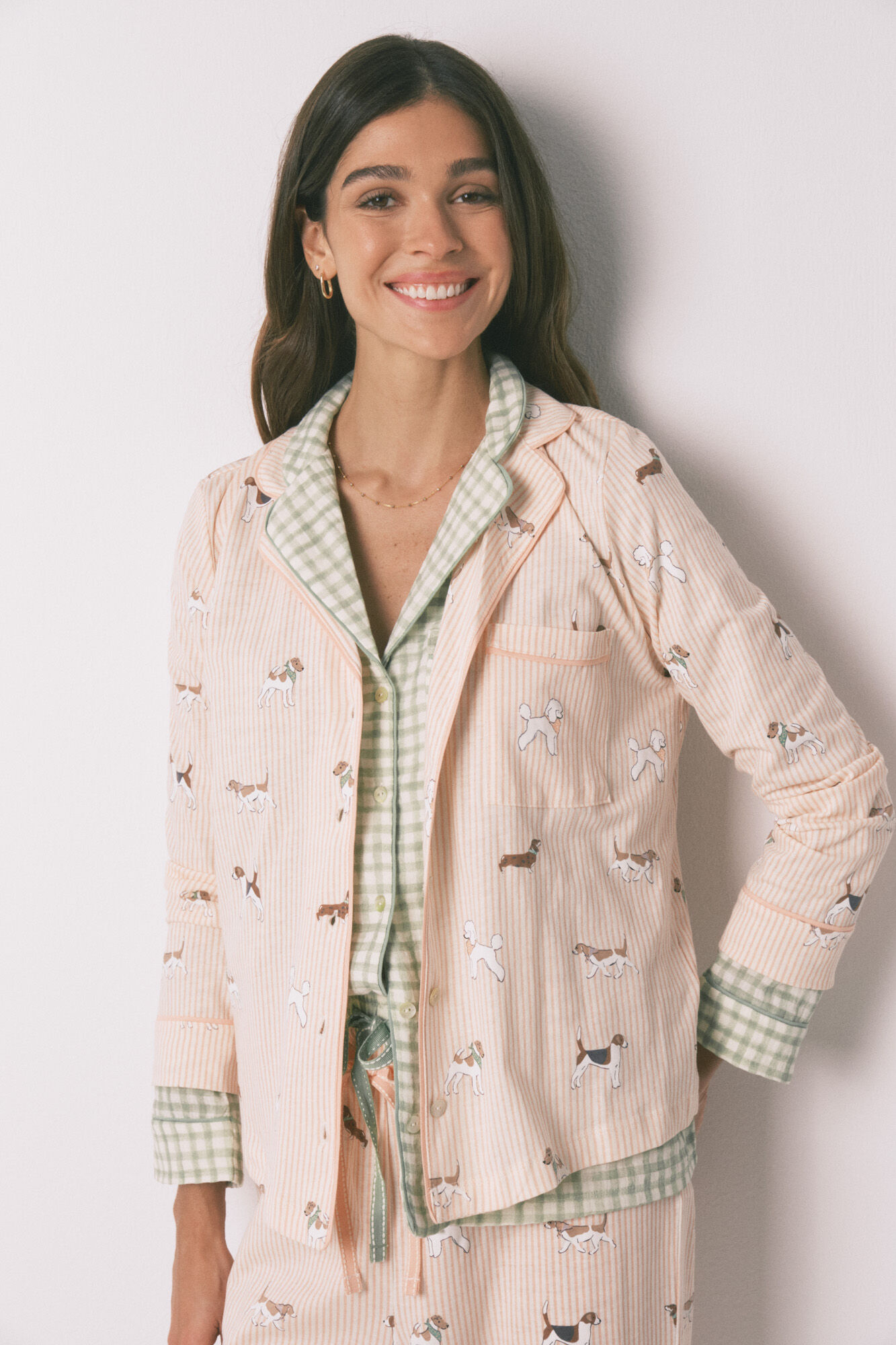 Women'secret Pijama camisera larga de 100% algod&oacute;n estampada de rayas y perritos naranja