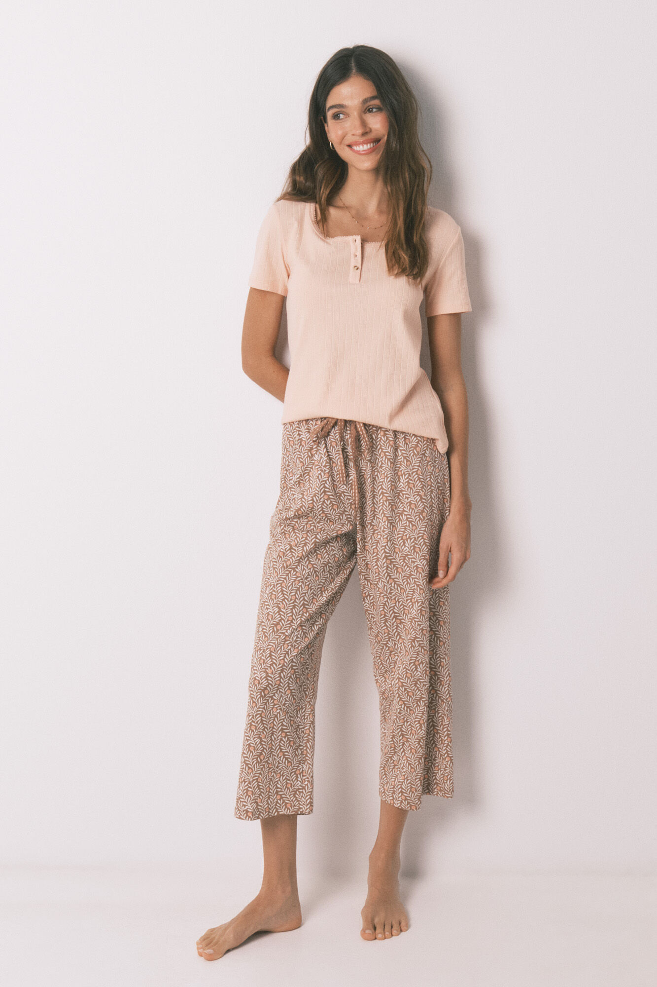 Women'secret Pijama Capri estampada de algod&oacute;n rosa y amarillo