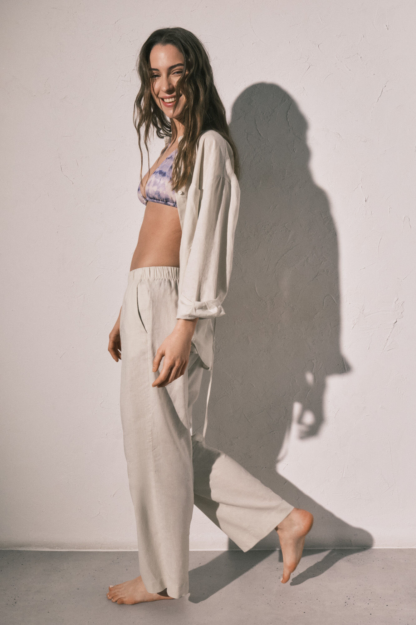 Women'secret Pantal&oacute;n largo de lino blanco caf&eacute;