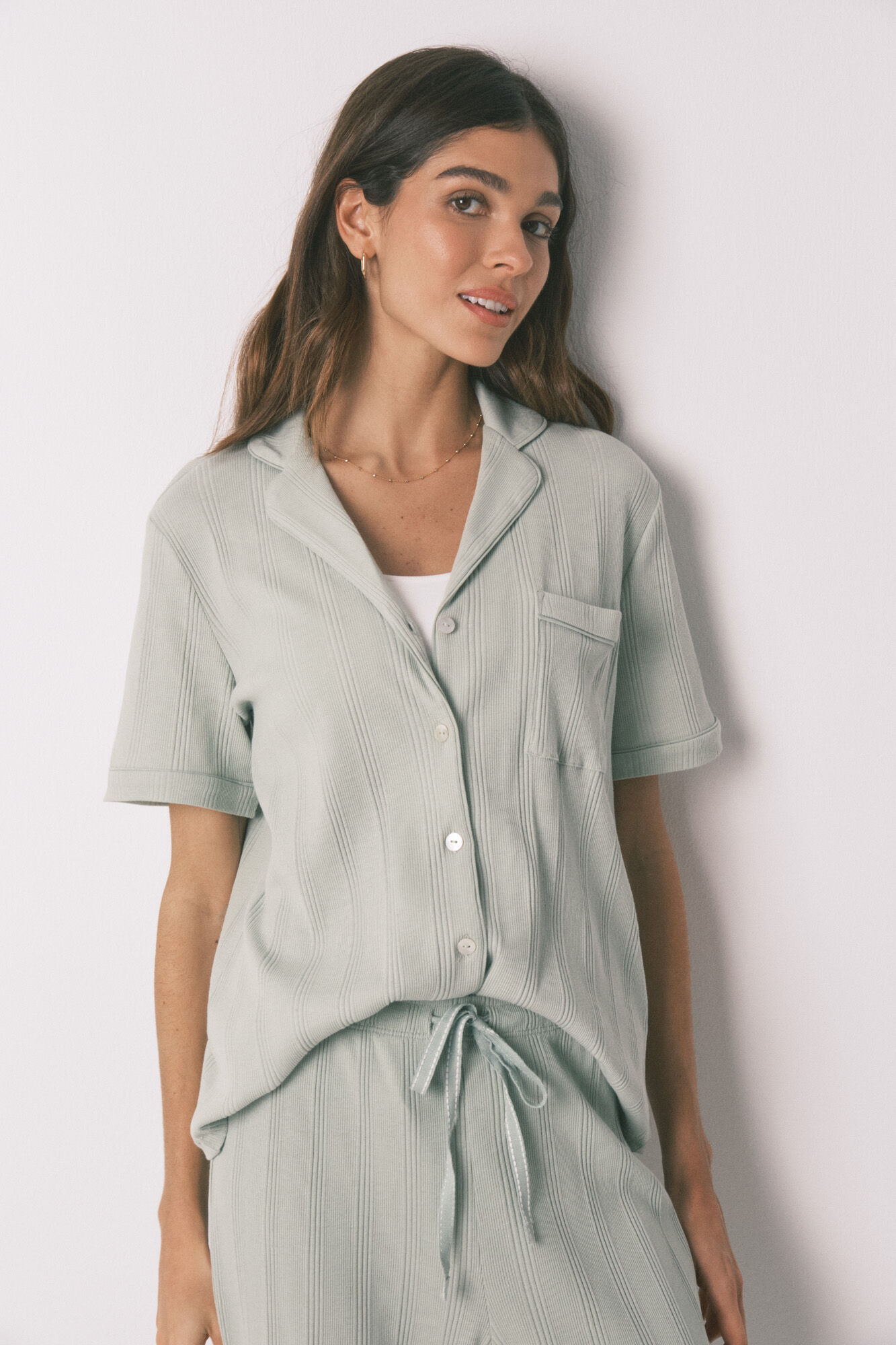 Women'secret Pijama camisera acanalada de algod&oacute;n verde verde