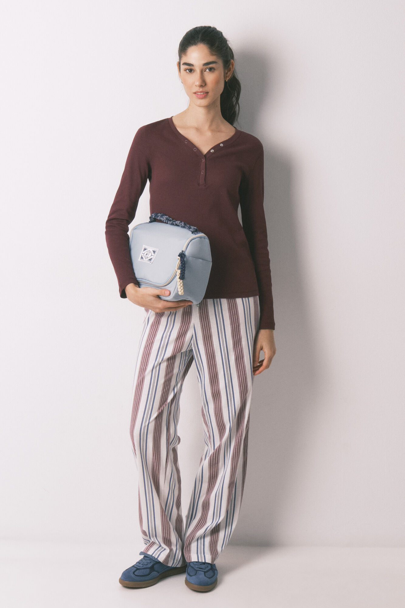 Women'secret Playera manga larga acanalada de algod&oacute;n granate p&uacute;rpura