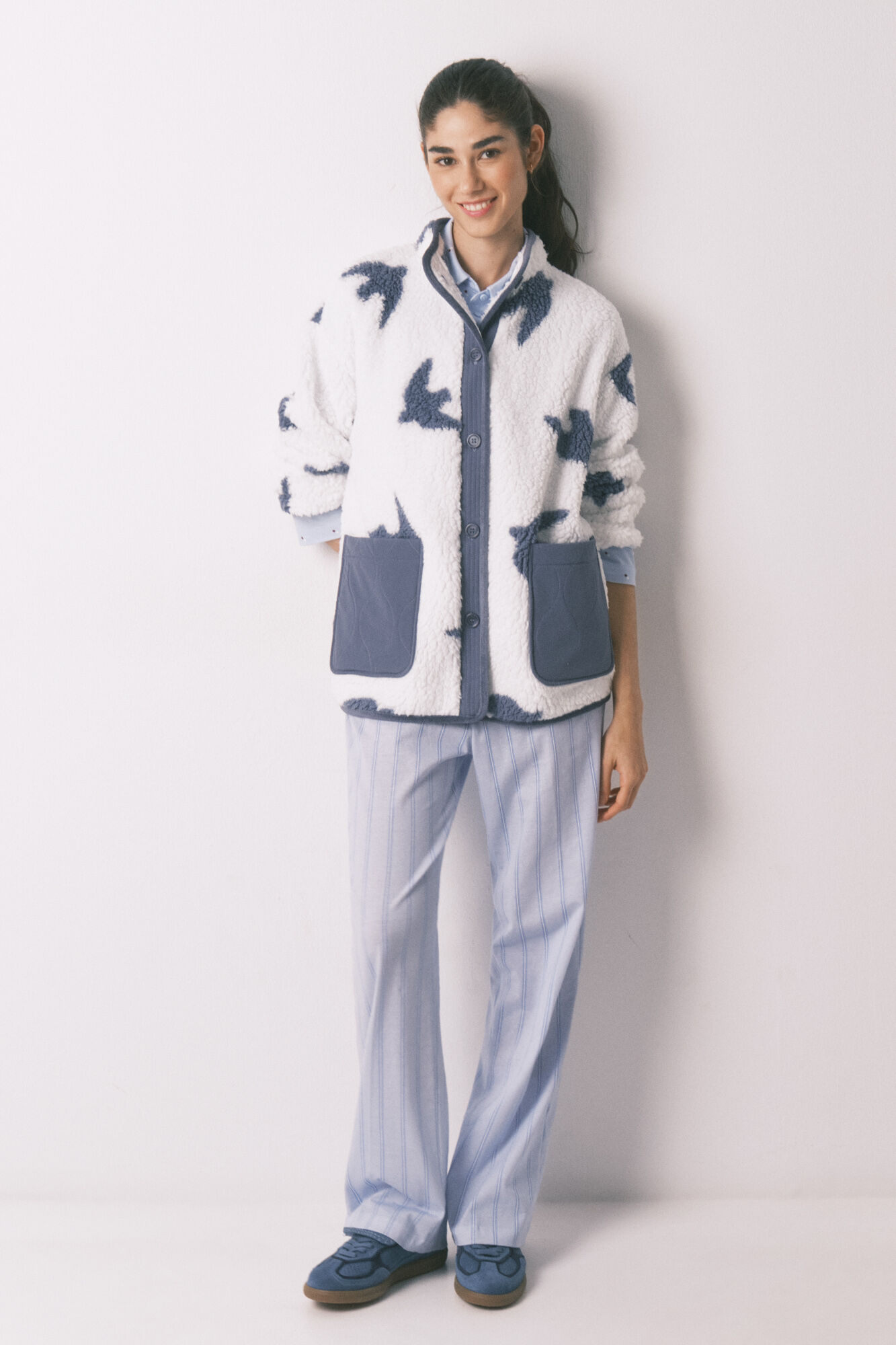 Women'secret Bata corta estampado de p&aacute;jaros de borreguito blanco