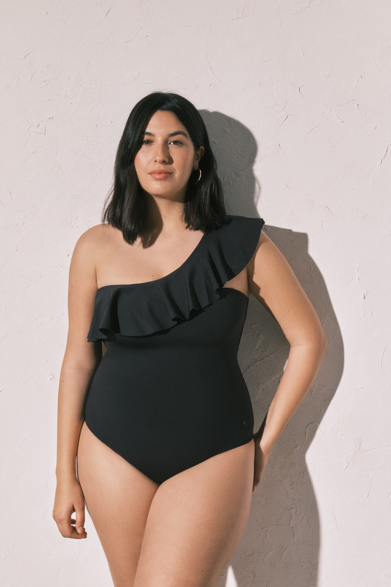 Women'secret Traje de ba&ntilde;o modelador volante asim&eacute;trico negro negro