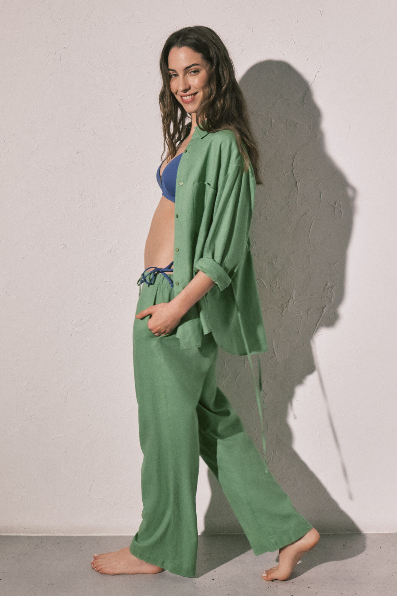 Women'secret Pantal&oacute;n largo de lino verde verde