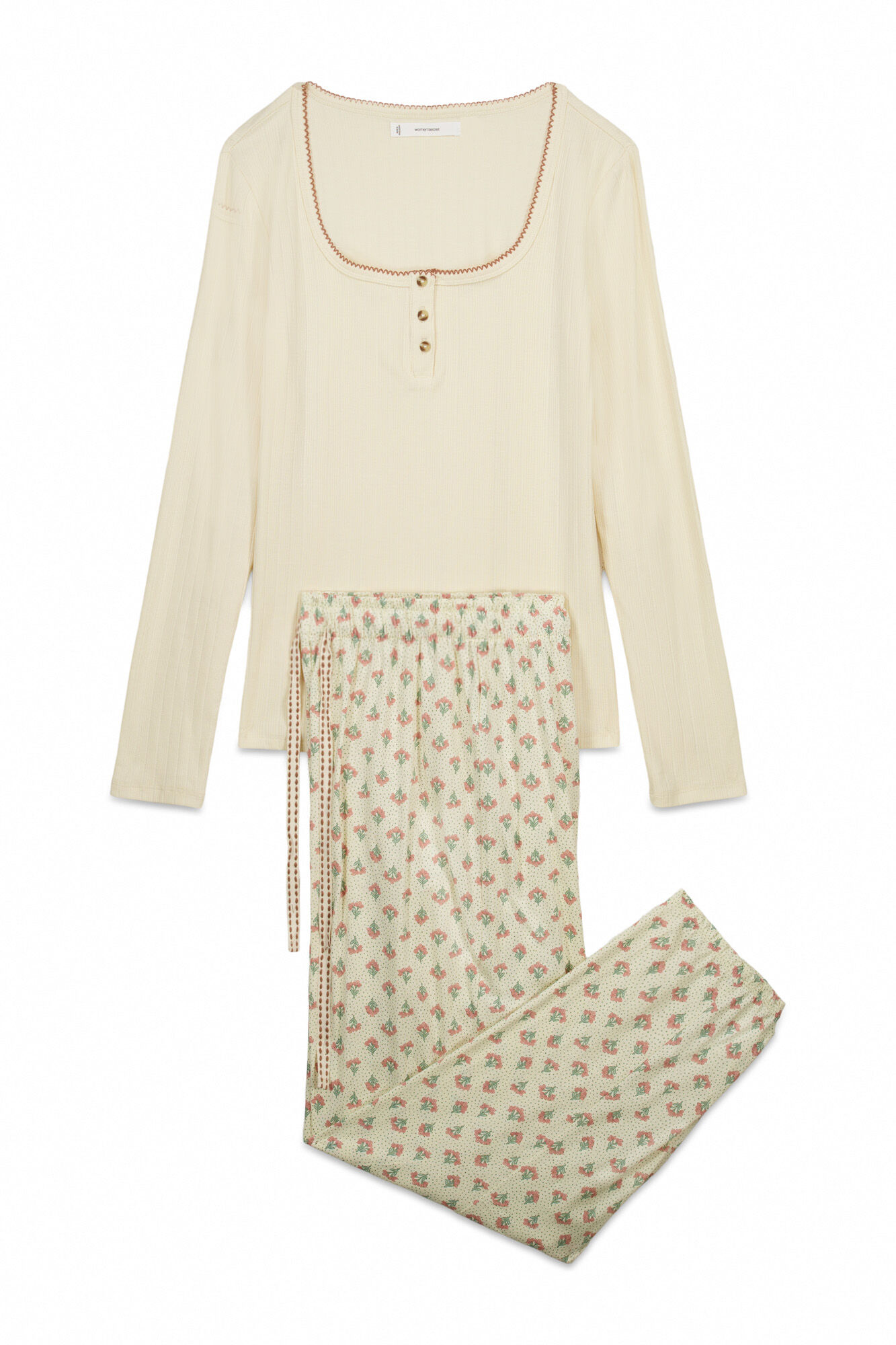 Women'secret Pijama larga estampado de flores de algod&oacute;n amarilla marfil