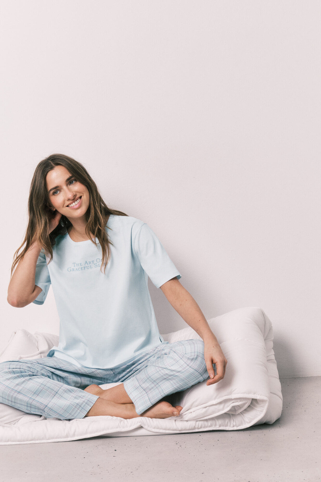 Women'secret Pijama larga azul estampado a cuadros azul