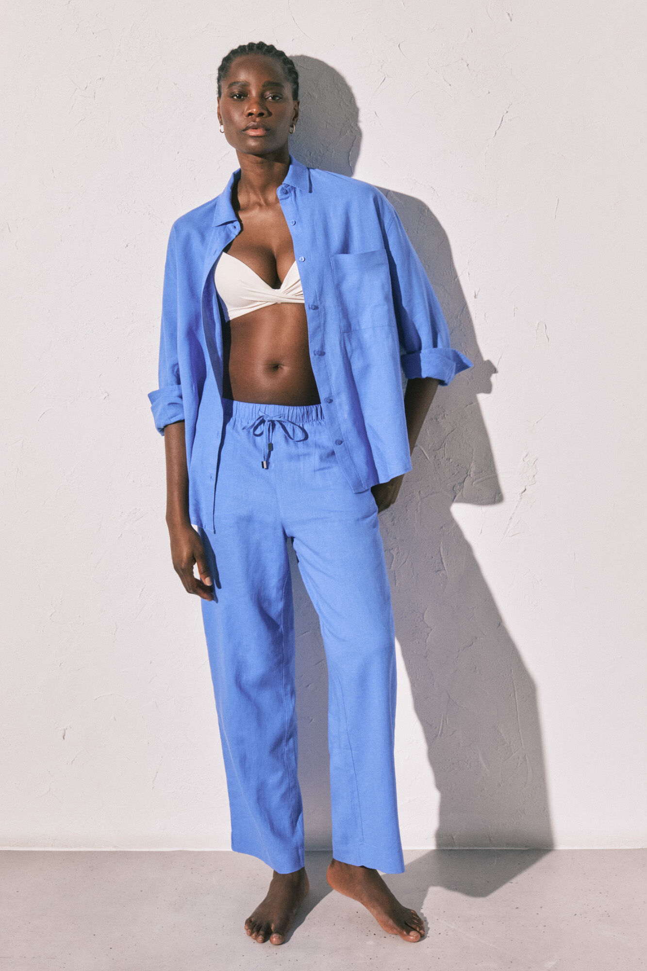 Women'secret Pantal&oacute;n largo de lino azul azul