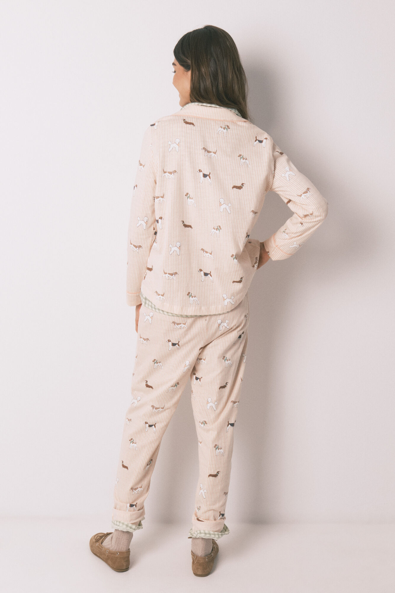 Women'secret Pijama camisera larga de 100% algod&oacute;n estampada de rayas y perritos naranja