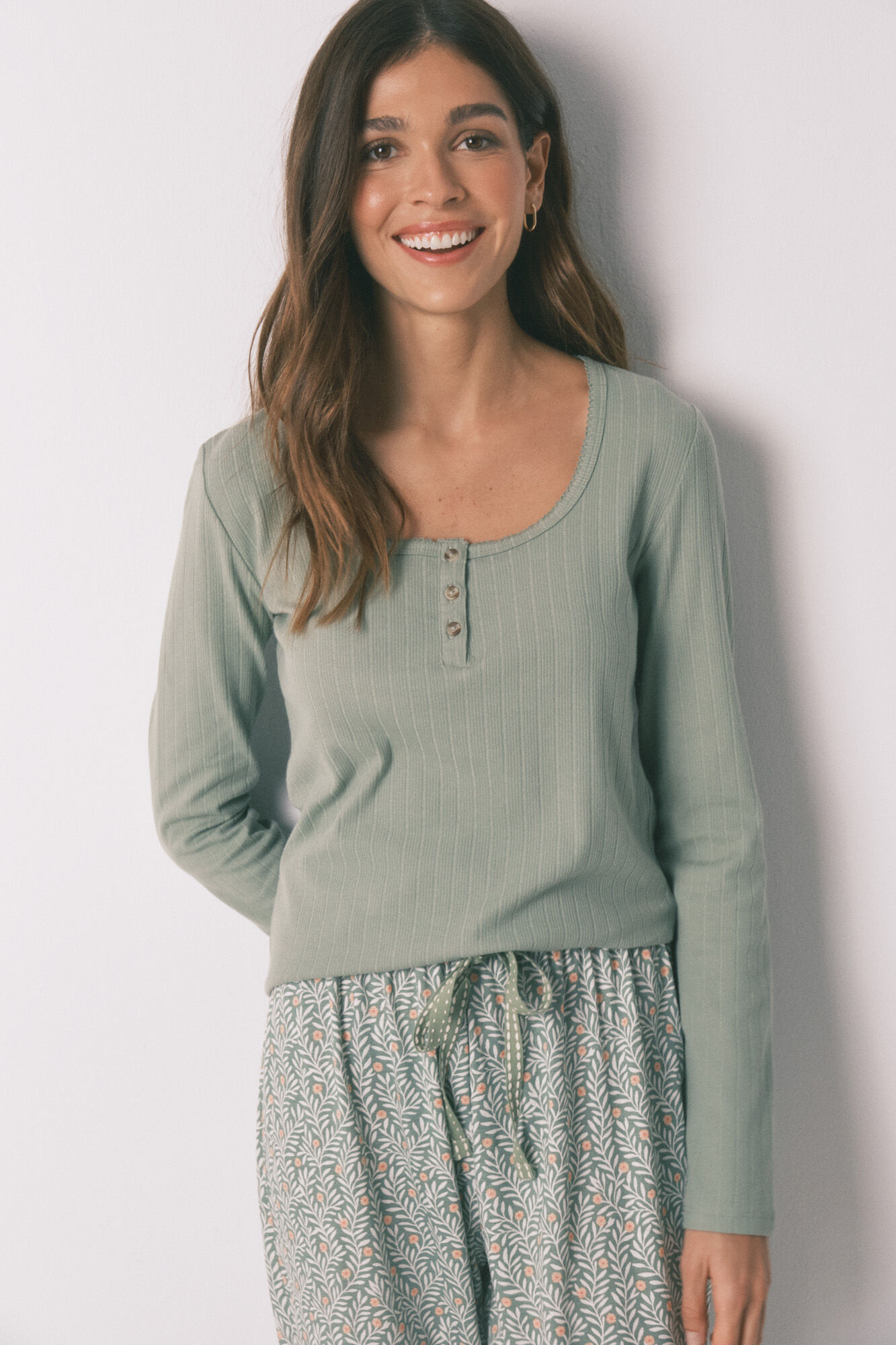 Women'secret Pijama larga estampado flores de algod&oacute;n verde verde