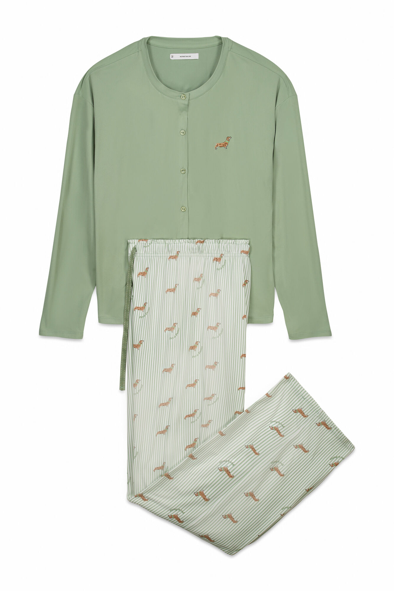 Women'secret Pijama larga estampado de perritos de tejido suave verde verde