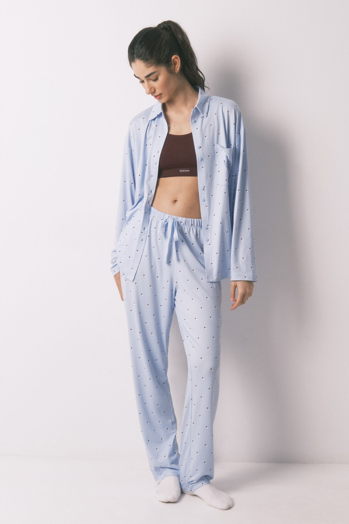 Women'secret Pijama camisera larga estampado de puntos azul estampado