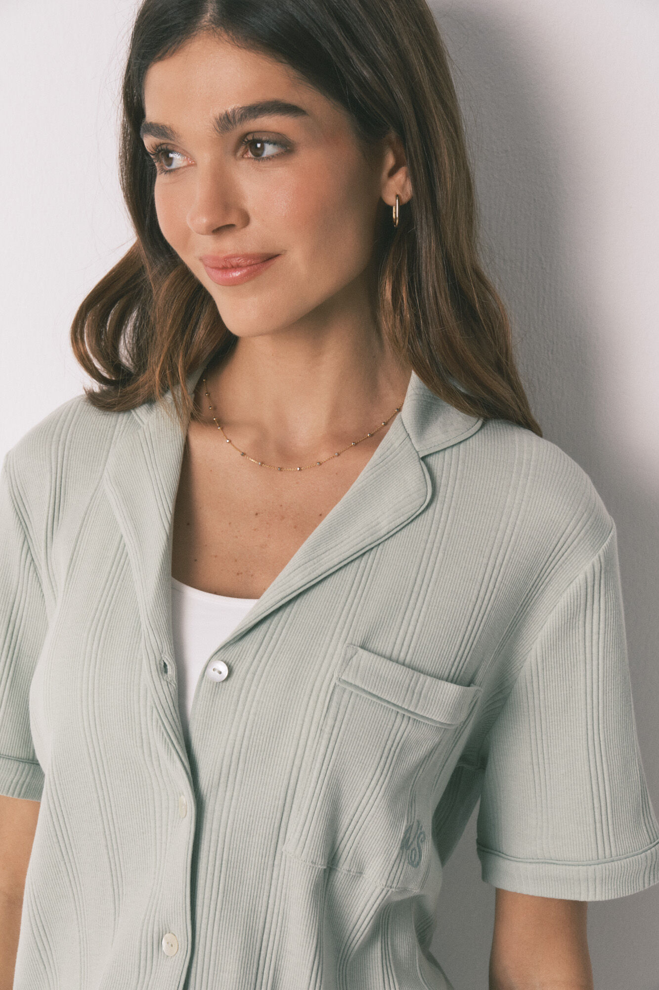 Women'secret Pijama camisera acanalada de algod&oacute;n verde