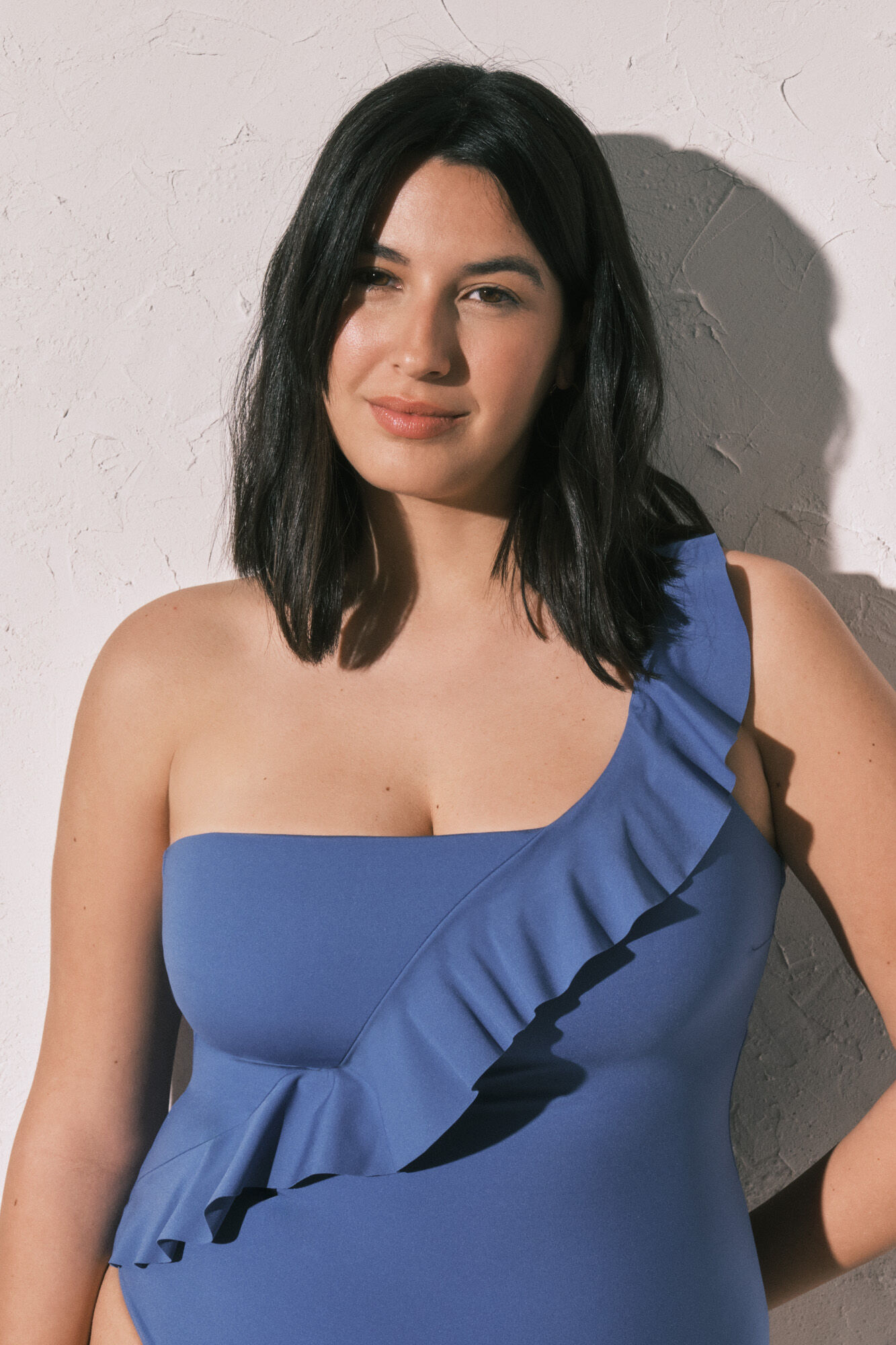 Women'secret Traje de ba&ntilde;o moldeador con volante asim&eacute;trico azul azul