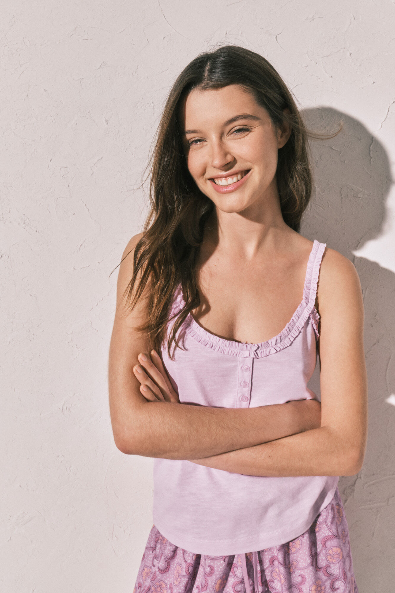 Women'secret Playera de tirantes con volantes de algod&oacute;n rosa rosa