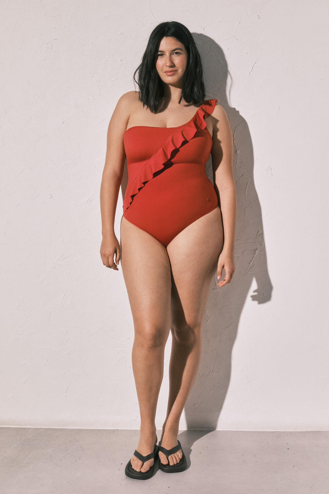 Women'secret Traje de ba&ntilde;o moldeador con volante asim&eacute;trico naranja naranja