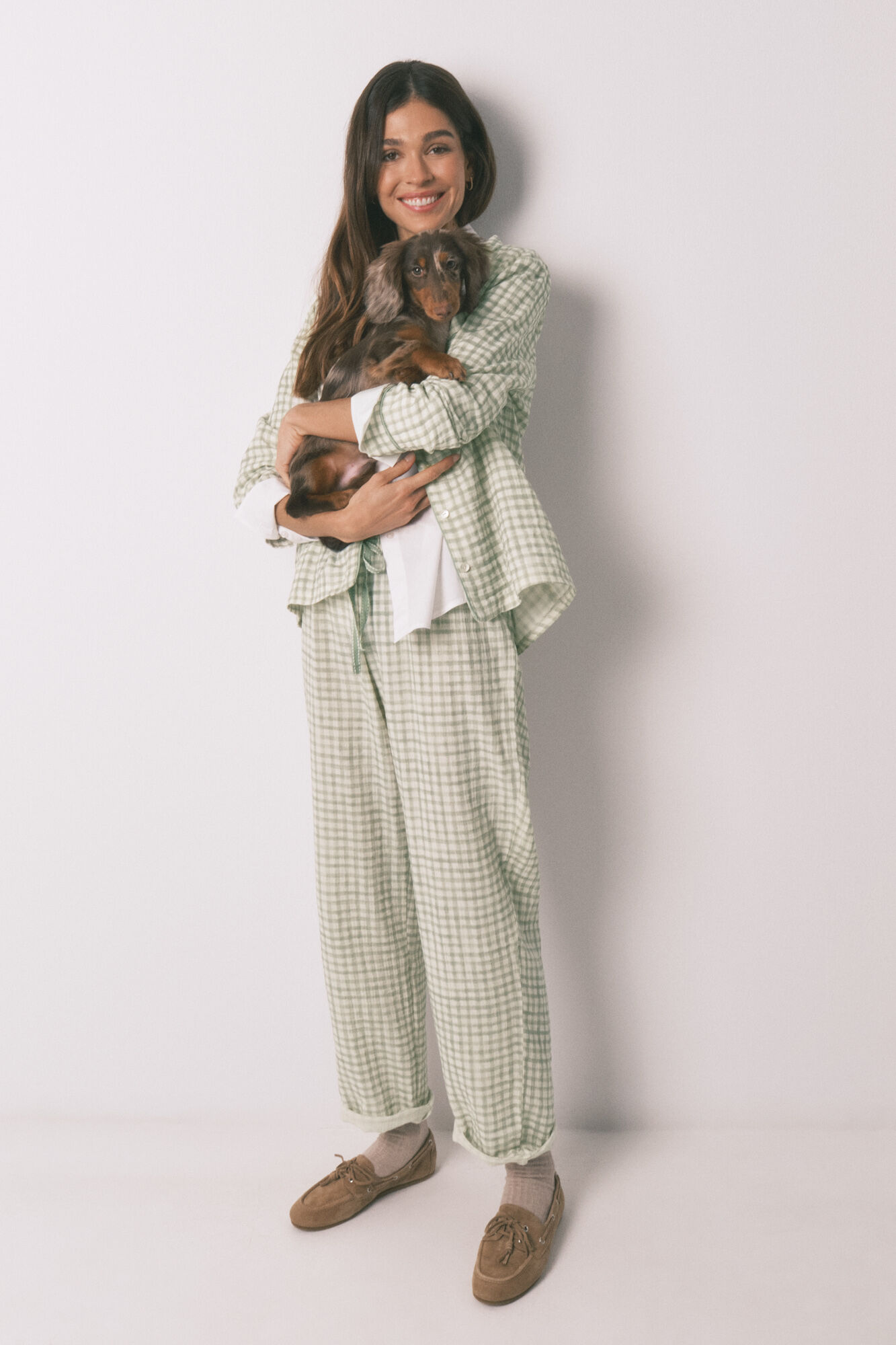 Women'secret Pijama camisera larga de 100% algod&oacute;n estampado a cuadros verde