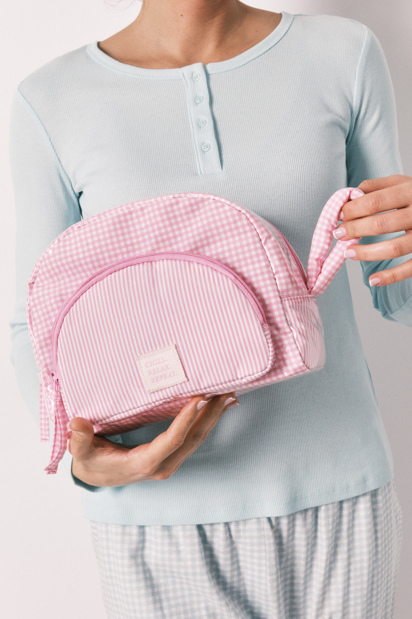 Women'secret Neceser acolchado a cuadros y rayas rosa rosa