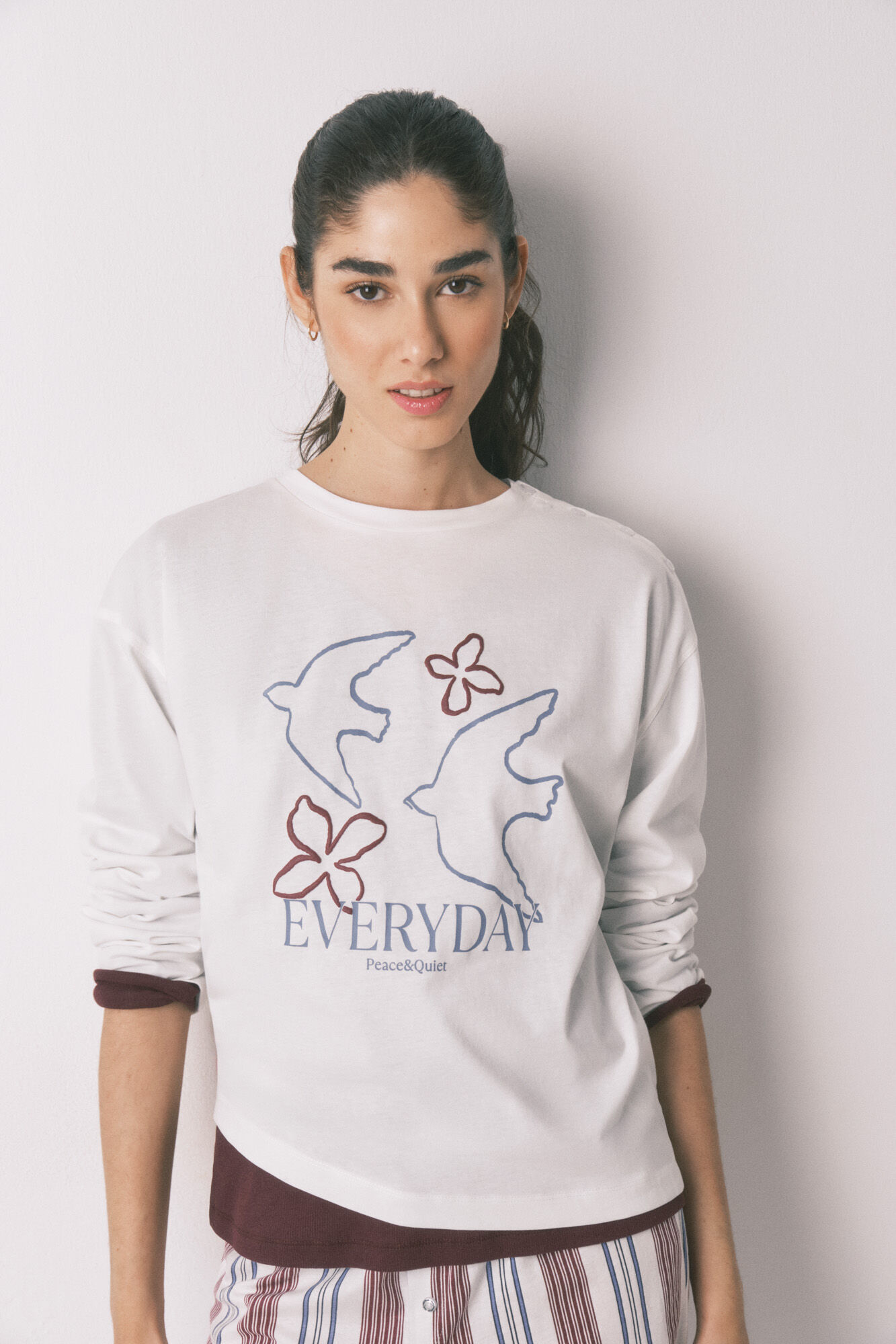 Women'secret Playera manga 3/4 de 100% algod&oacute;n blanca marfil