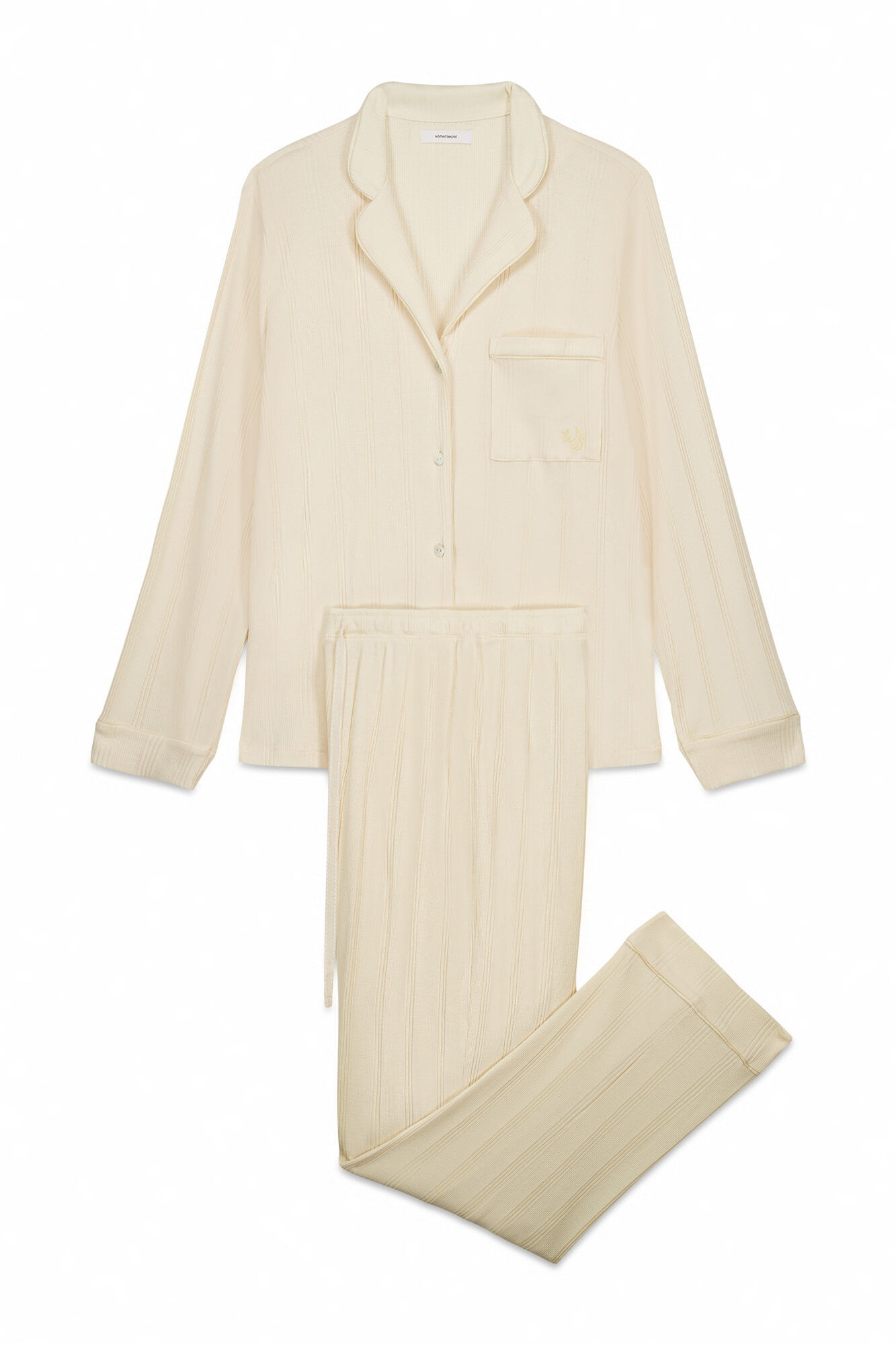 Women'secret Pijama camisera larga de algod&oacute;n acanalado amarillo marfil