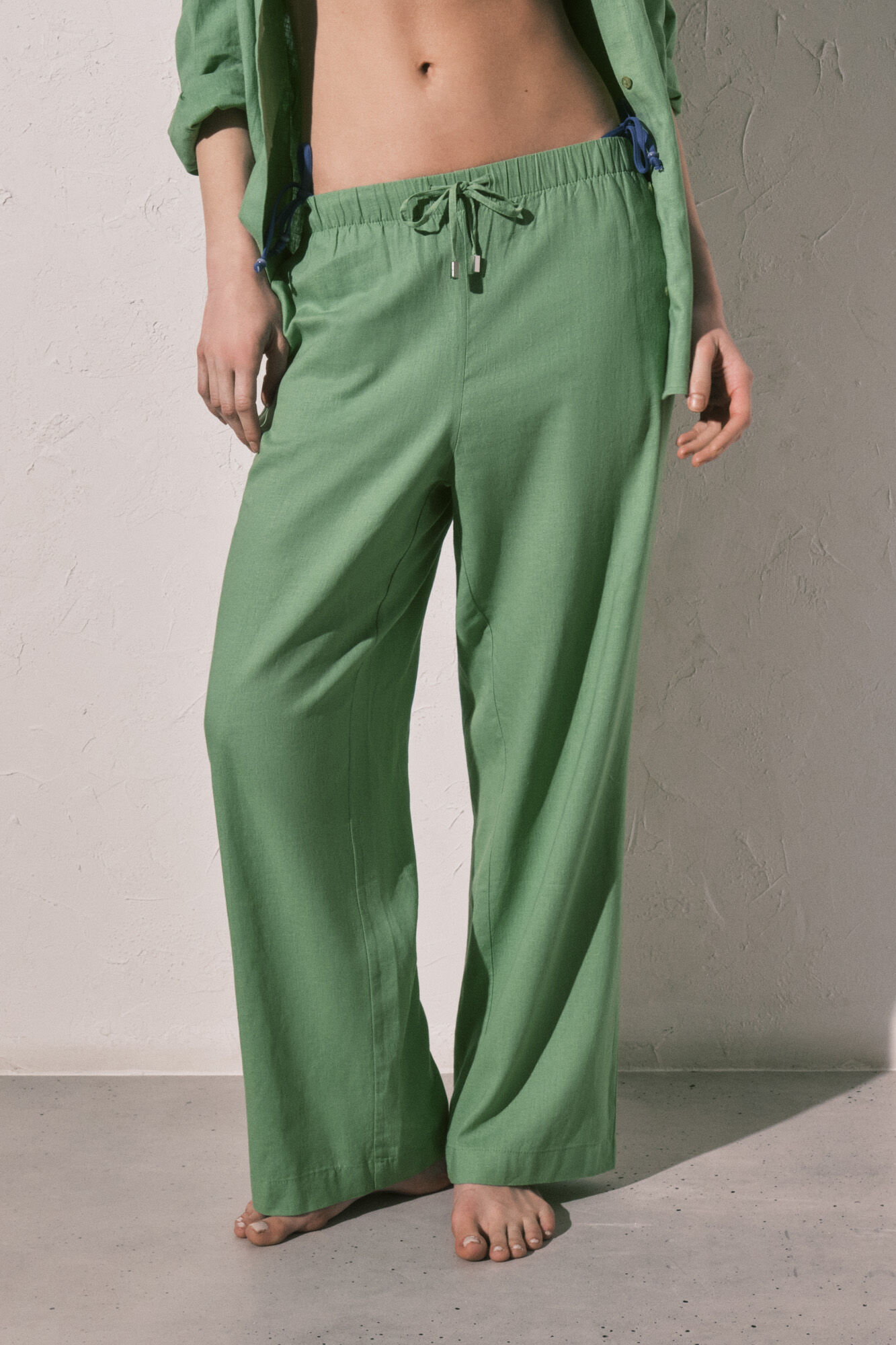 Women'secret Pantal&oacute;n largo de lino verde