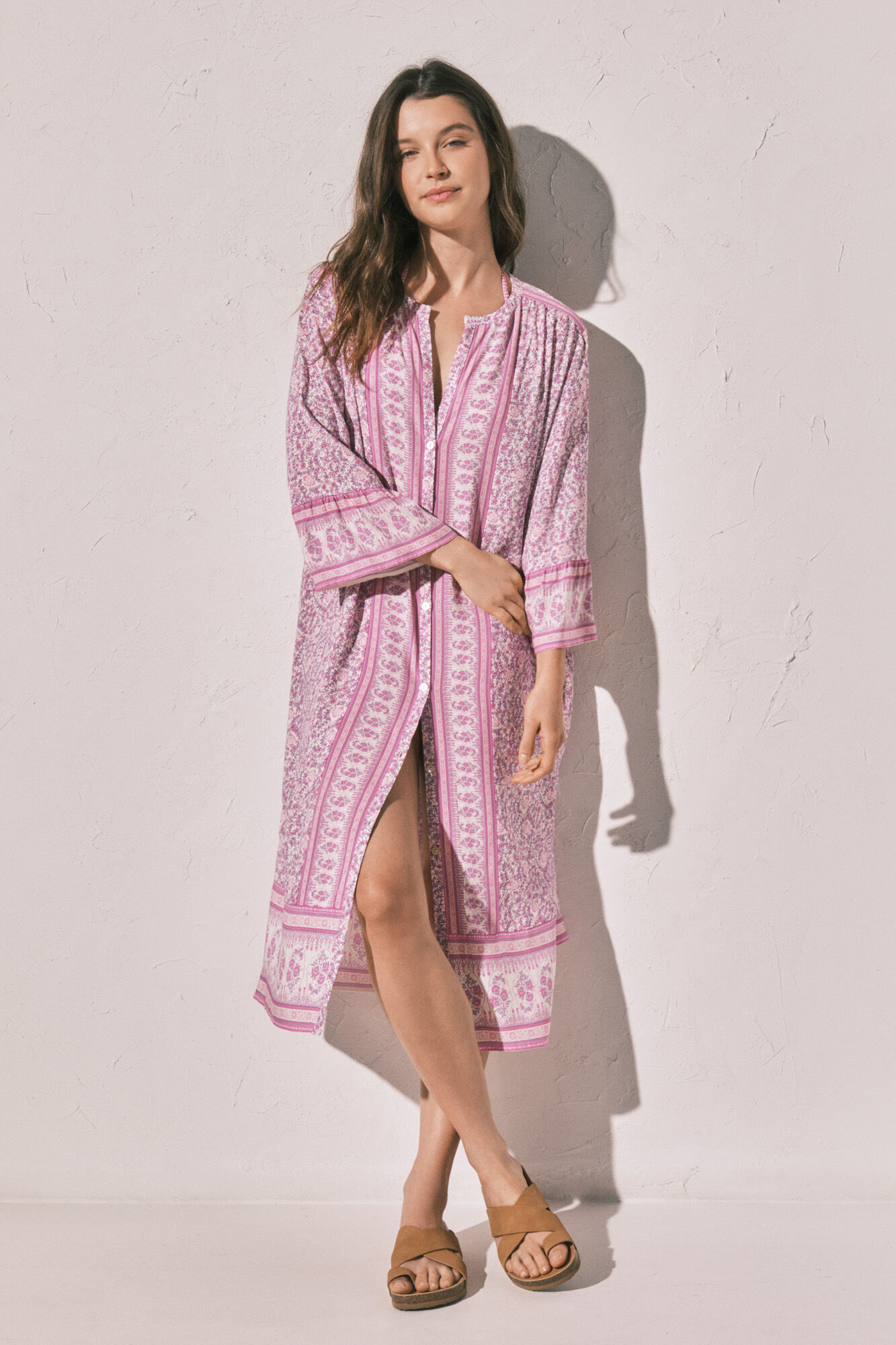 Women'secret Playera de dormir larga estampado cenefa de flores rosa